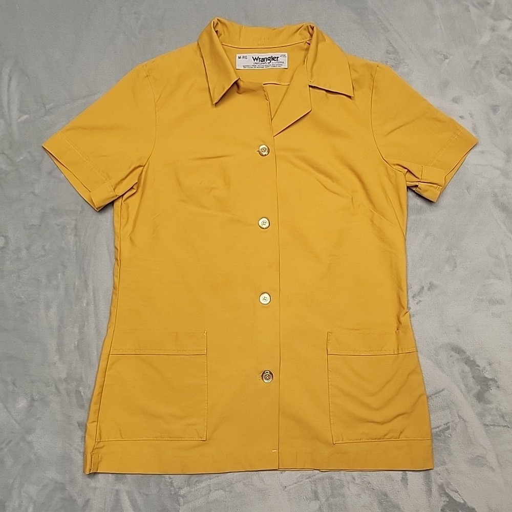 VTG Wrangler Shirt Womens Medium Yellow Uniform‎ Short Sleeve Top Made In USA